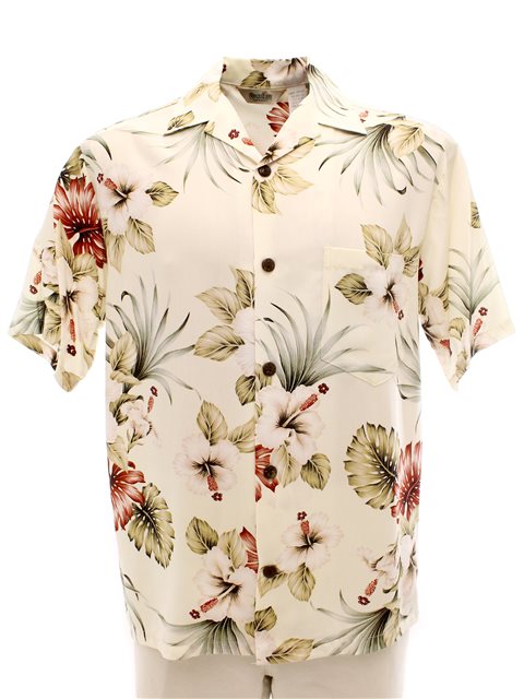 Royal Hawaiian Creations - Hibiscus & Monstera Cream Rayon Men's Hawaiian Shirt