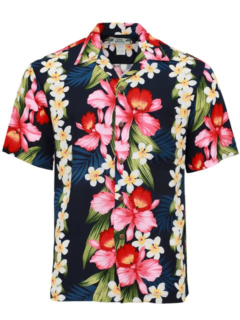 Two Palms - Orchid & Plumeria Navy Rayon Men's Hawaiian Shirt