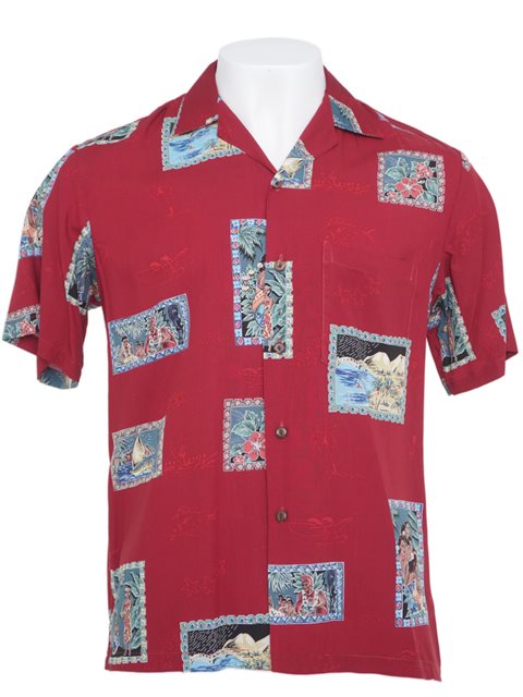 Two Palms - Two Palms Postcard Red Rayon Men's Hawaiian Shirt