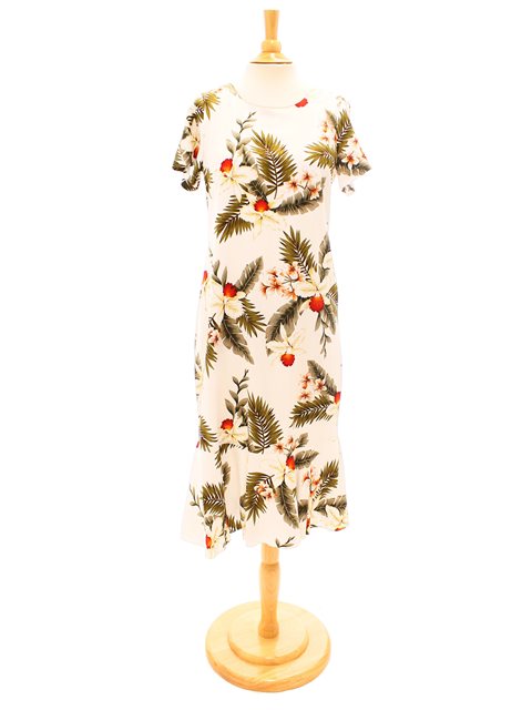 Two Palms - Hawaiian Orchid White Rayon Hawaiian Sleeve Midi Dress