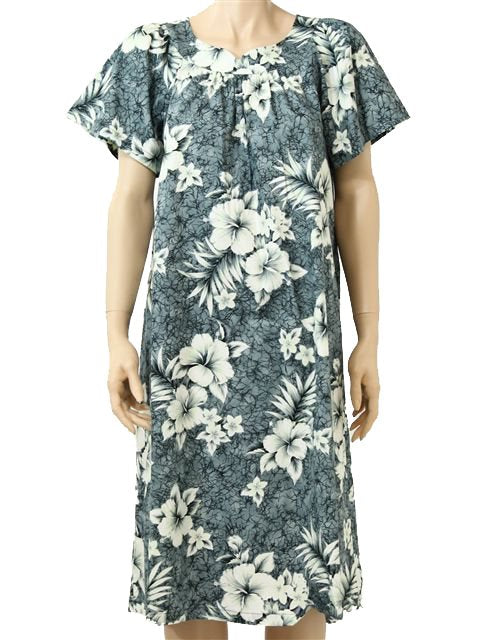 Two Palms - Crack Hibiscus Grey Cotton Hawaiian Midi Muumuu Dress