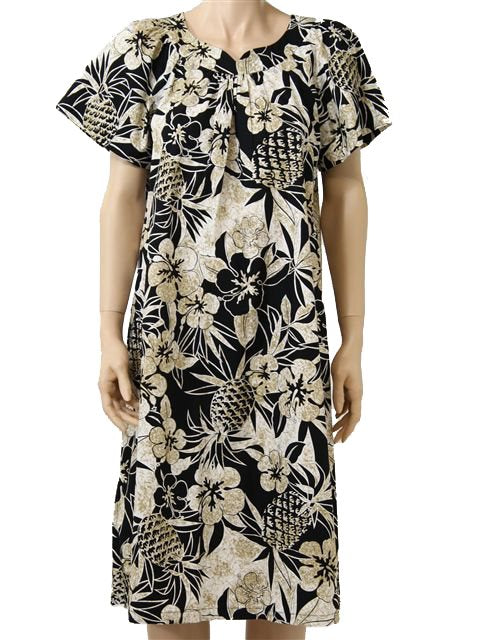 Two Palms - Pineapple Garden Black Cotton Hawaiian Midi Muumuu Dress