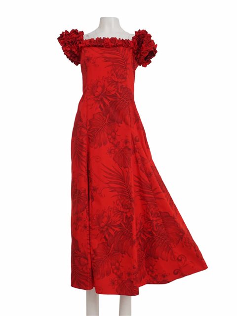 Two Palms - Monstera Ceres Red Cotton Frill Puff Sleeve Long Dress