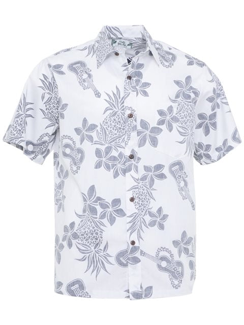 Two Palms - Ukulele White Cotton Men's Reverse Printing Hawaiian Shirt