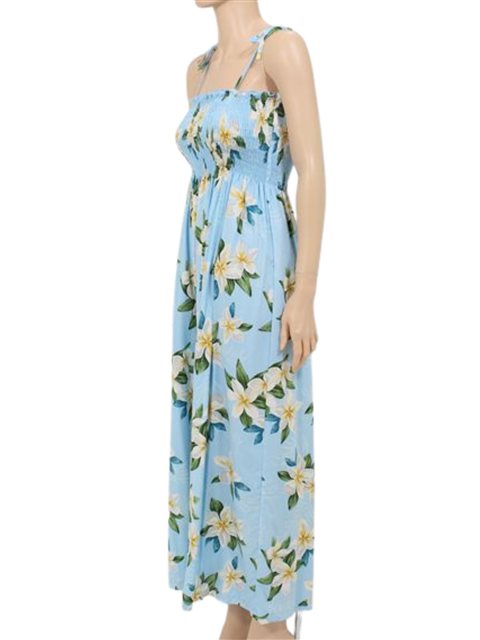 Two Palms - Plumeria Light Blue Rayon Hawaiian Summer Maxi Dress Two Palms - Plumeria Light Blue Rayon Hawaiian Summer Maxi Dress