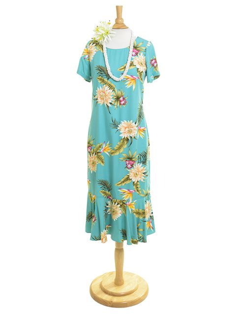 Two Palms - Ceres Green Rayon Hawaiian Sleeve Midi Dress
