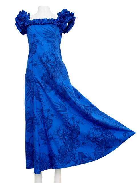 Two Palms - Monstera Ceres Royal Blue Cotton Frill Puff Sleeve Long Dress