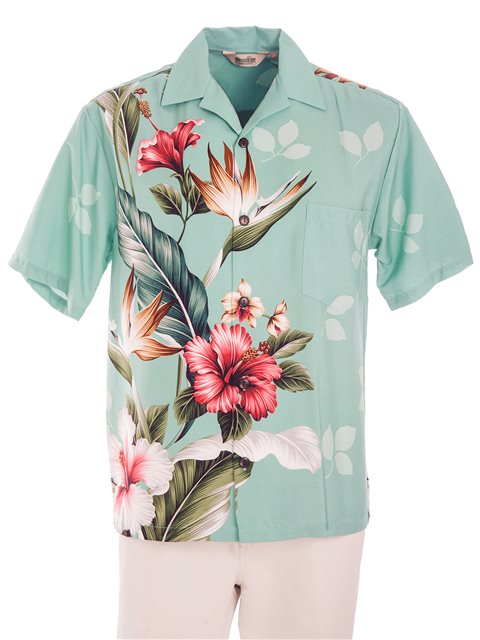 Royal Hawaiian Creations - Tropical Flowers Teal Rayon Men's Hawaiian Shirt
