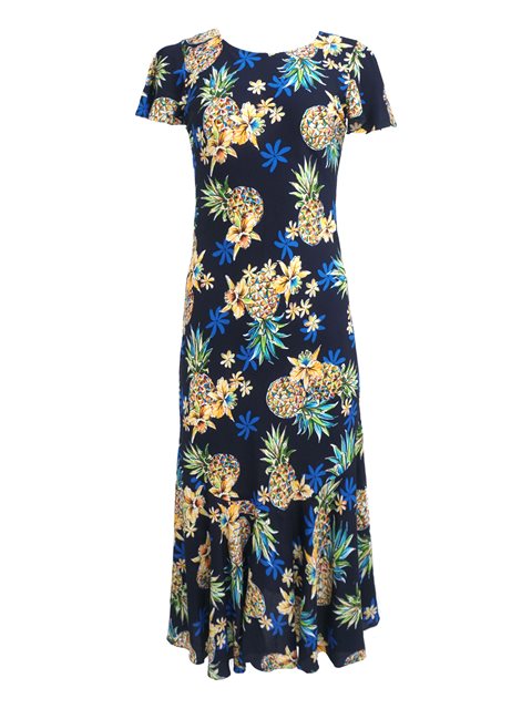 Two Palms - Golden Pineapple Navy Rayon Hawaiian Long Dress XS Two Palms - Golden Pineapple Navy Rayon Hawaiian Long Dress XS