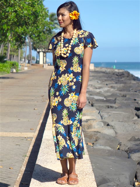 Two Palms - Golden Pineapple Navy Rayon Hawaiian Long Dress