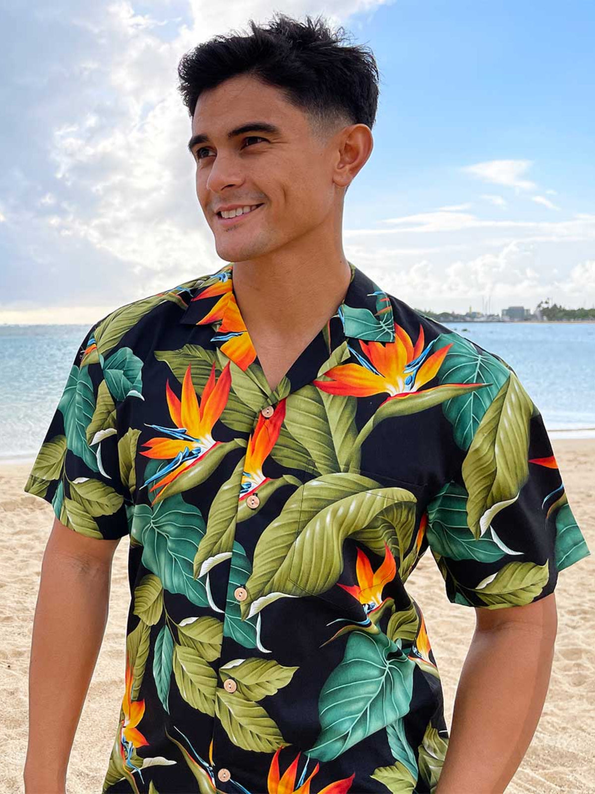 Waimea Casuals - Airbrush Bird of Paradise Black Cotton Men's Hawaiian Shirt