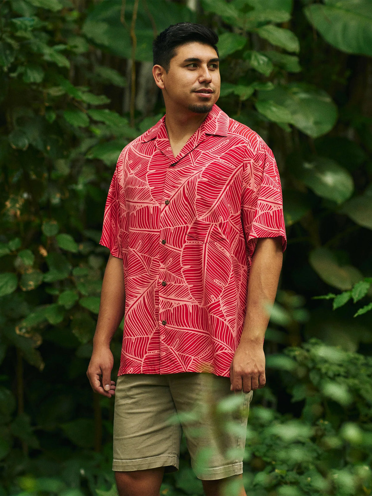 Hilo Hattie - Banana Leaf Red Rayon Men's Hawaiian Shirt