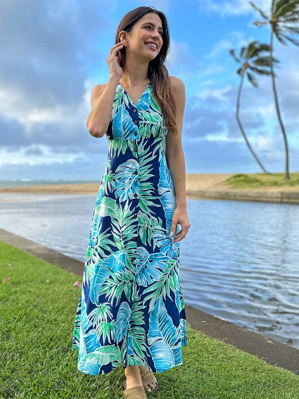 Paradise Found - Cabana Palms Navy Rayon Hawaiian Long Dress
