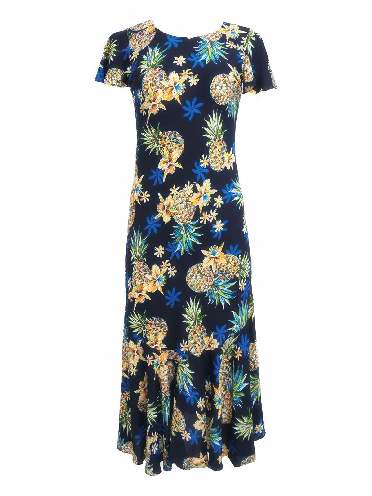 Two Palms - Golden Pineapple Navy Rayon Hawaiian Long Dress
