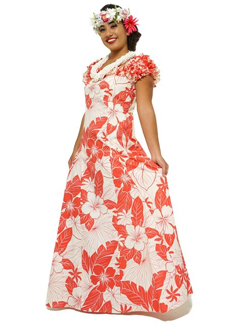 Traditional Hawaiian Muumuu Dress in the color Lanai Coral