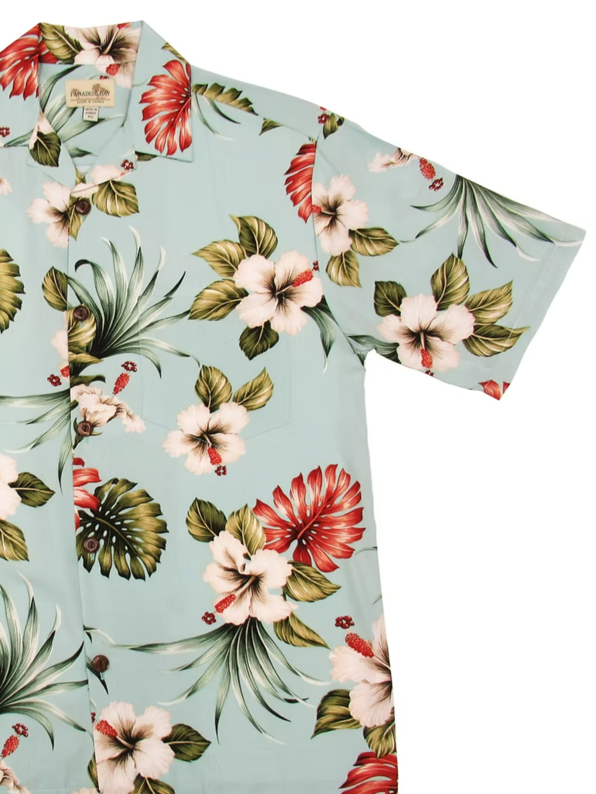 Royal Hawaiian Creations - Hibiscus & Monstera Light Blue Rayon Men's Hawaiian Shirt
