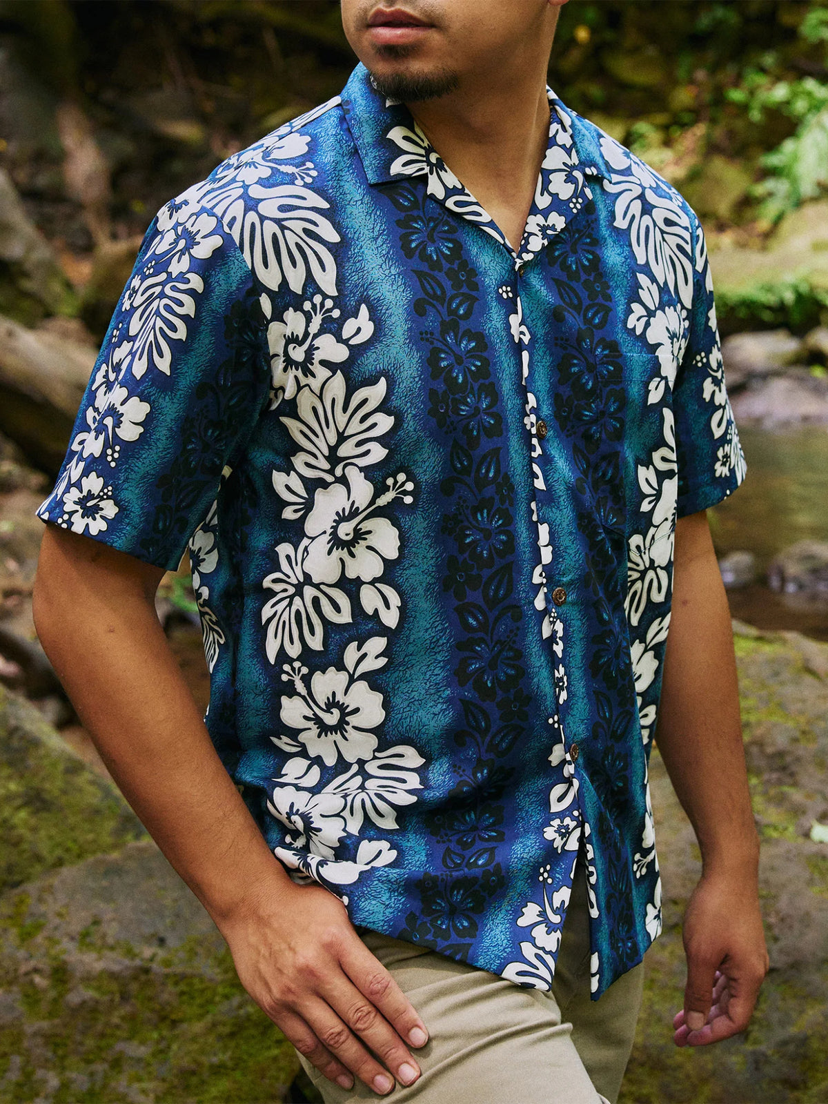 Royal Hawaiian Creations - Hibiscus Panel Navy Blue Cotton Men's Hawaiian Shirt