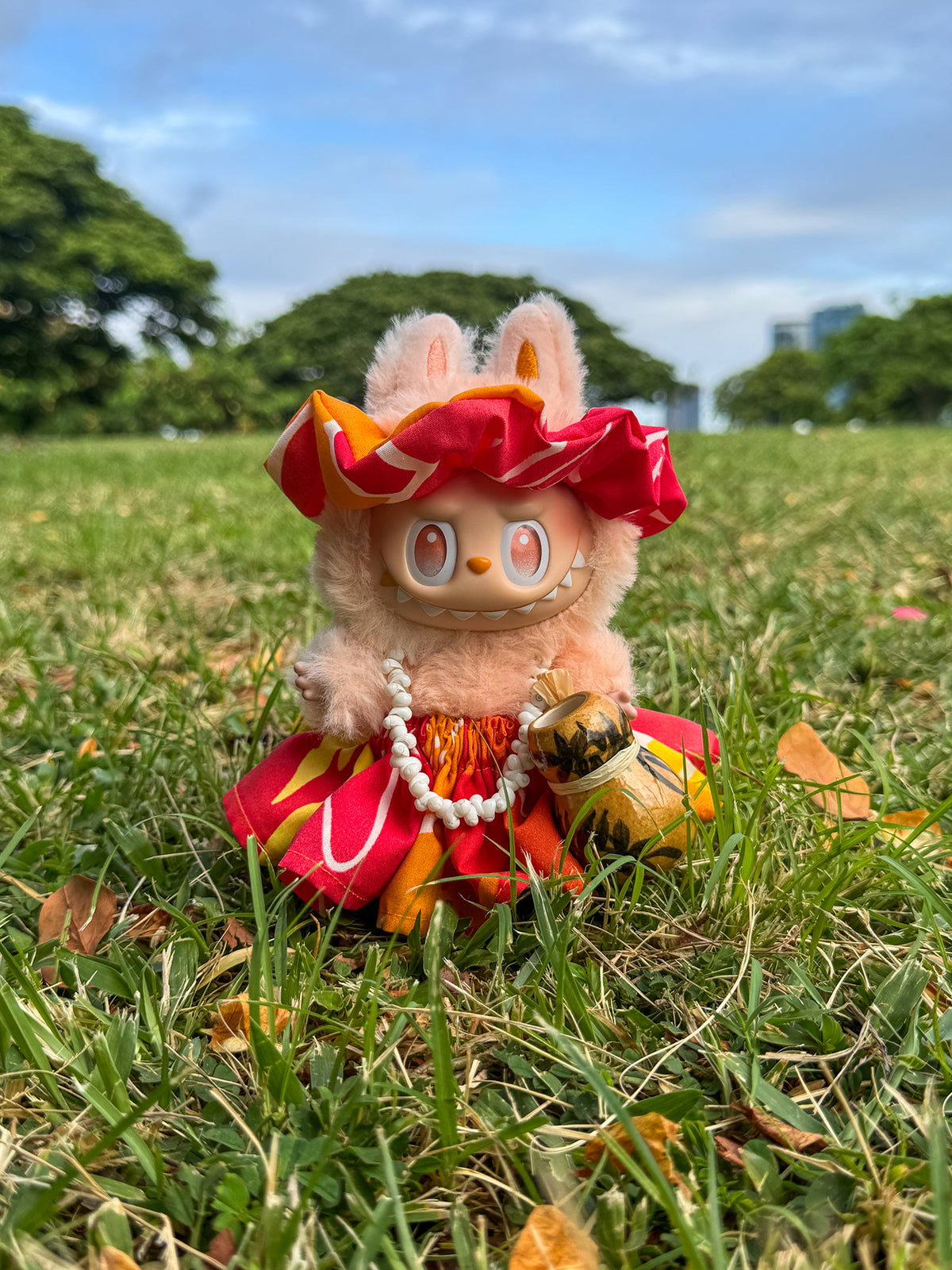 Labubu Mini Figure Pa'u Skirt Set (Pa'u, Lei, headband) - Ombre Floral Orange