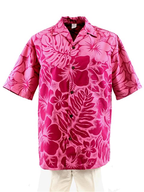 A pink Hawaiian shirt with a floral pattern, featuring a collar, front button closure, and a left chest pocket.