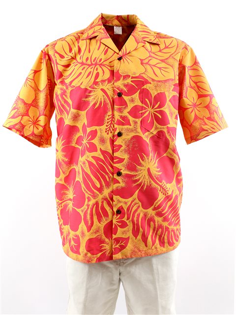 A short-sleeved men's Hawaiian shirt with a navy background featuring a red and yellow floral pattern, paired with a collar and a front button placket.