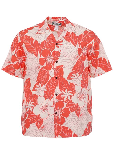 A red and white floral patterned men's Hawaiian shirt with an open collar and short sleeves.
