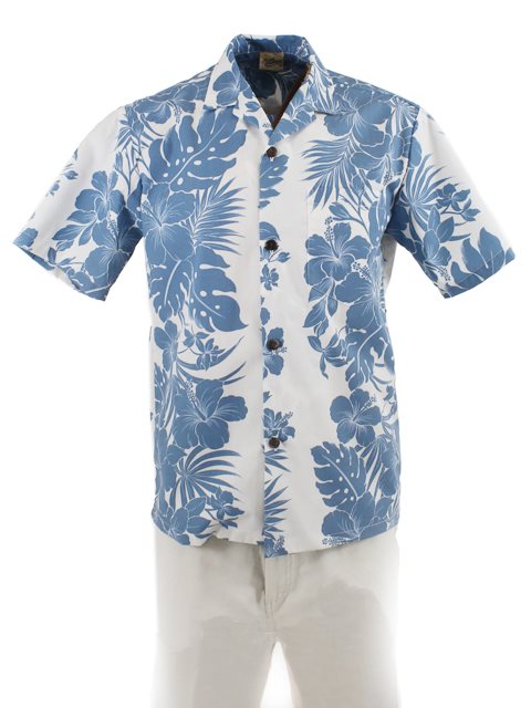 A men's Hawaiian shirt with a blue floral pattern on a white background, featuring an open collar and a left chest pocket.