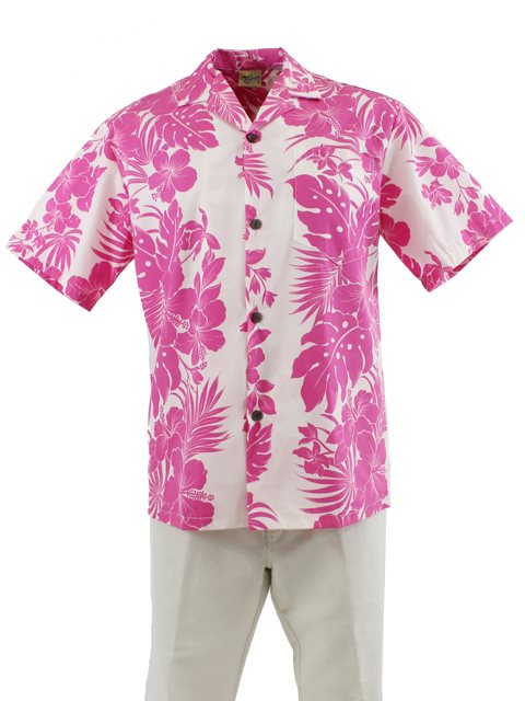 A men's Hawaiian shirt in pink with a floral pattern, featuring an open collar and coconut buttons.