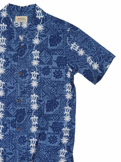 Royal Hawaiian Creations - Honu&Palm Blue Cotton Men's Hawaiian Shirt