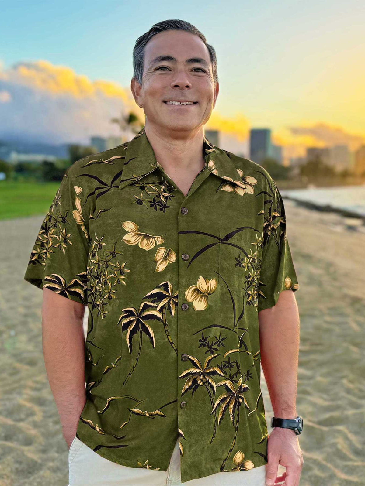 Paradise Found - Retro Oasis Palms Moss Rayon Men's Hawaiian Shirt