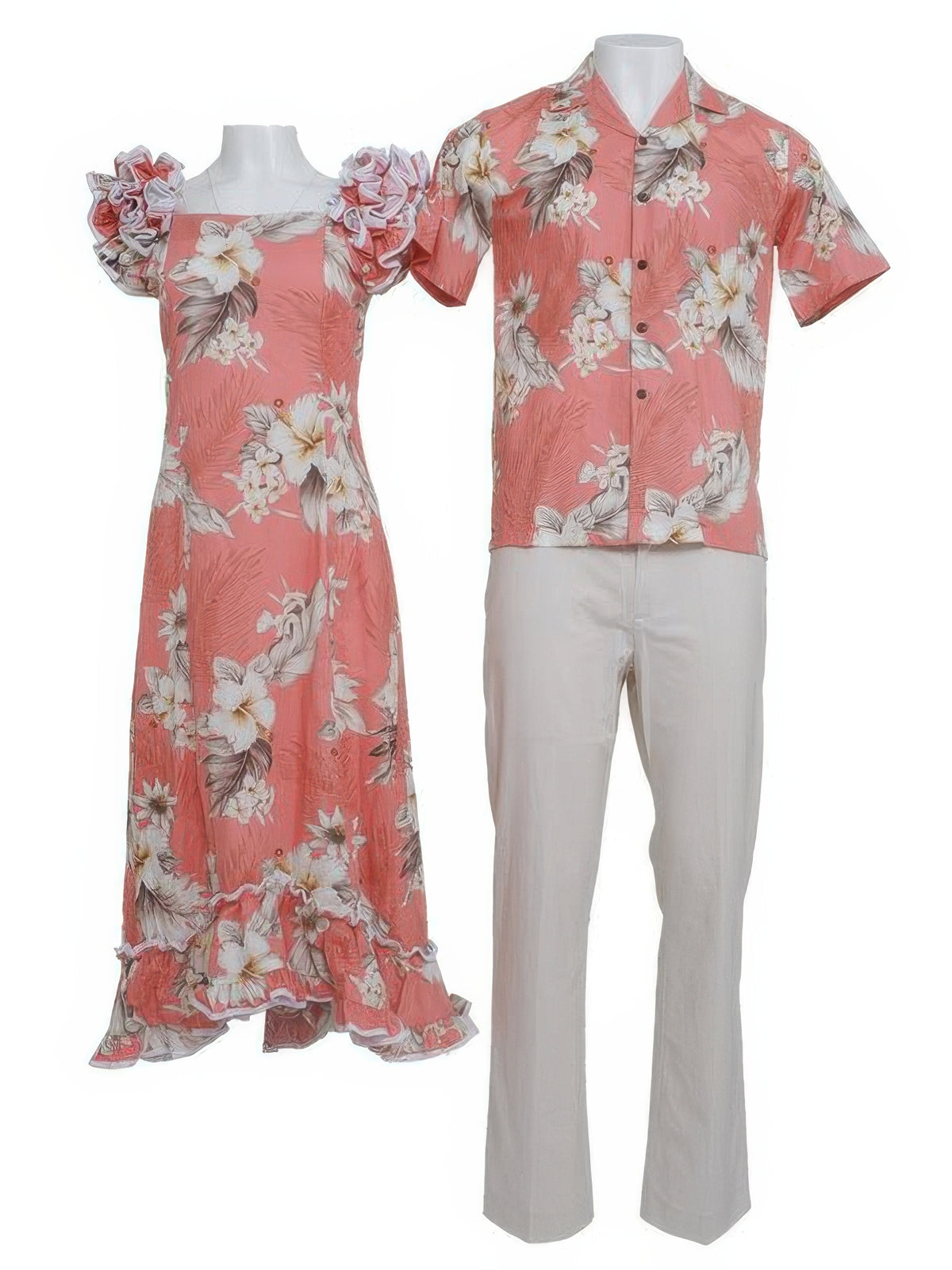 Hawaiian Muumuu Dress and Aloha Shirt Couple Matching Bundle - Hibiscus Peach