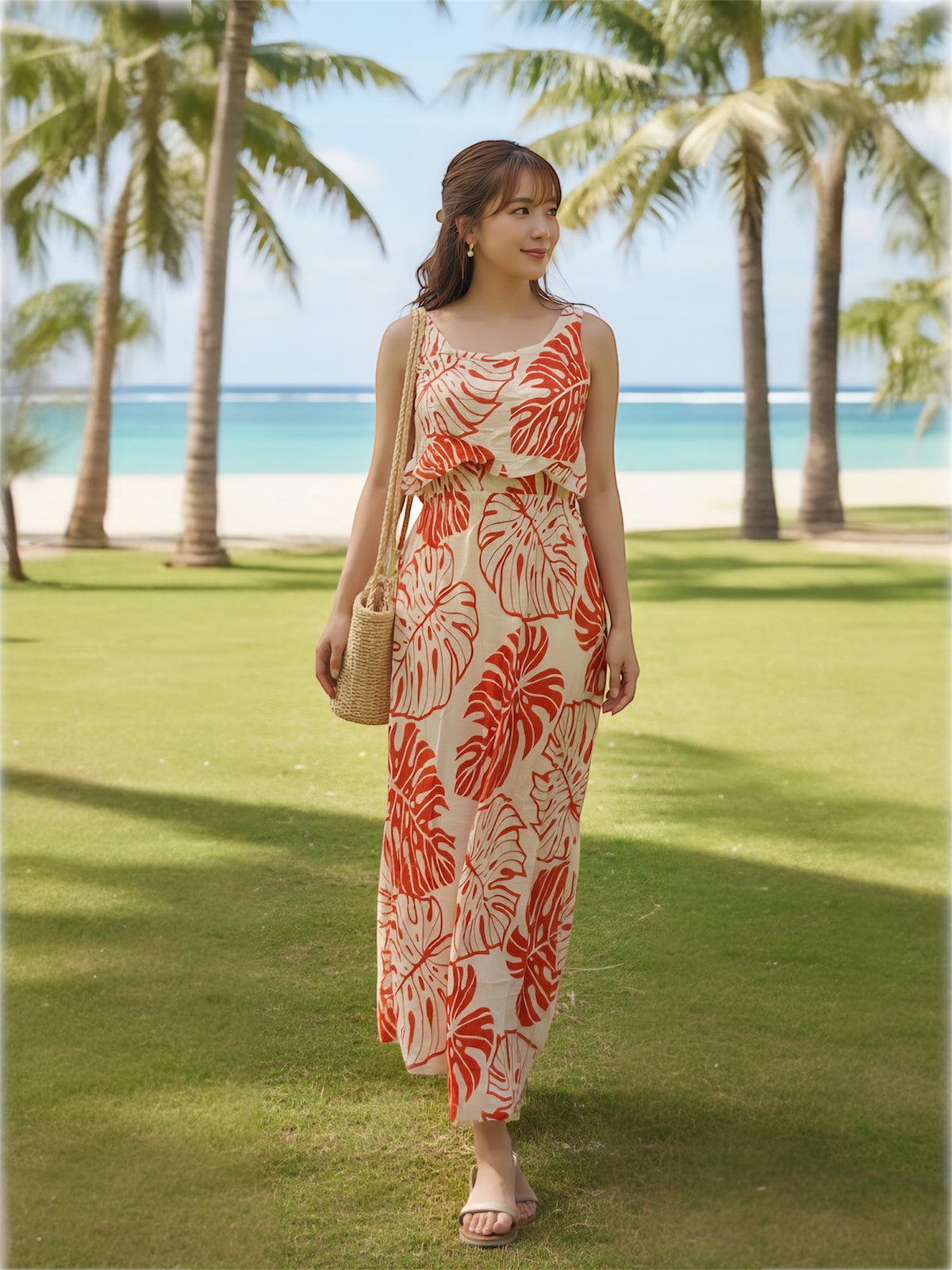 Napua Collection Honolulu - Monstera Tangerine Rayon Batik Ruffle Maxi Dress