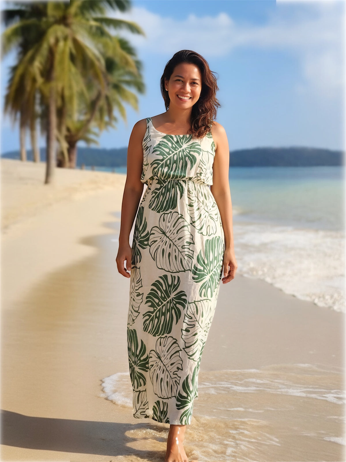Napua Collection Honolulu - Monstera Green Rayon Batik Ruffle Maxi Dress