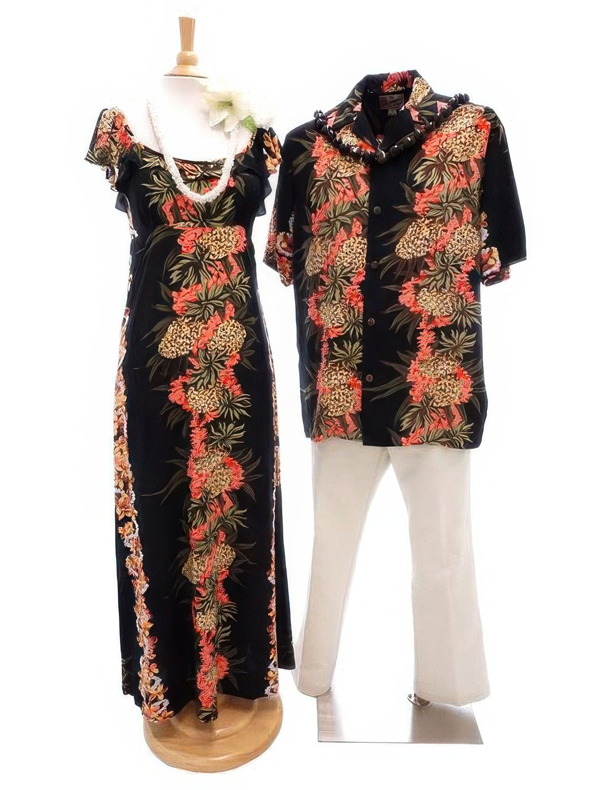 Hawaiian Dress and Shirt Couple Matching Bundle -  Pineapple Panel Black