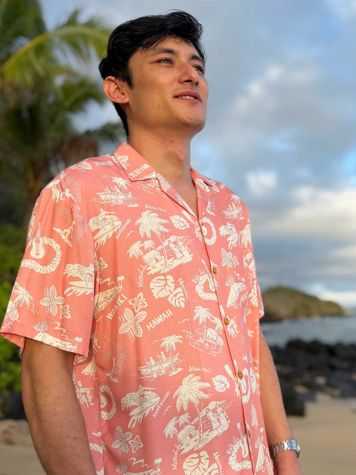Paradise Found - Aloha Nostalgia Shell Pink Rayon Men's Hawaiian Shirt