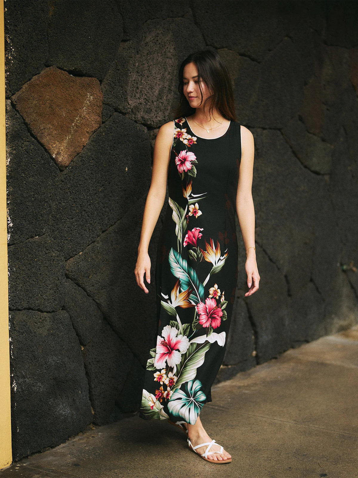 Royal Hawaiian Creations - Tropical Flowers Black Rayon Hawaiian Piping Neck Slit Long Dress