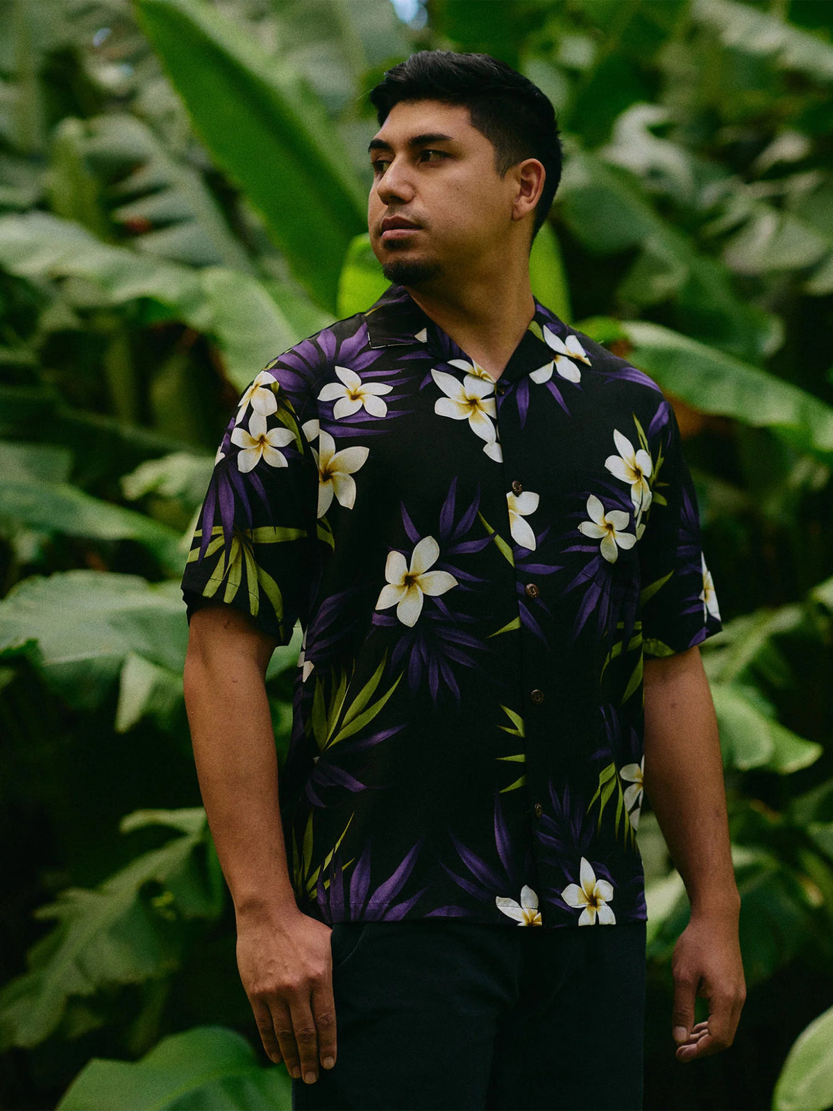 Royal Hawaiian Creations - Plumeria Cluster Black Rayon Men's Hawaiian Shirt