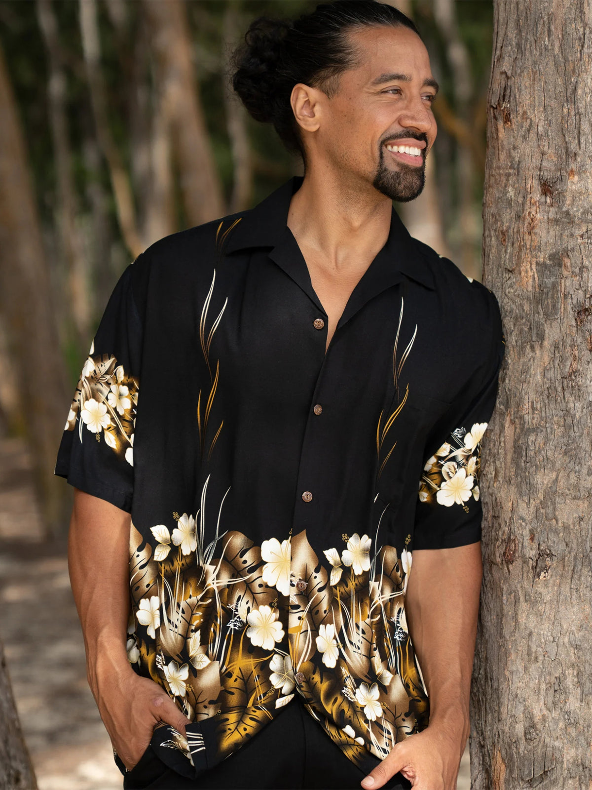 Royal Hawaiian Creations - Tropical Leaves Black Poplin Border Rayon Men's Hawaiian Shirt