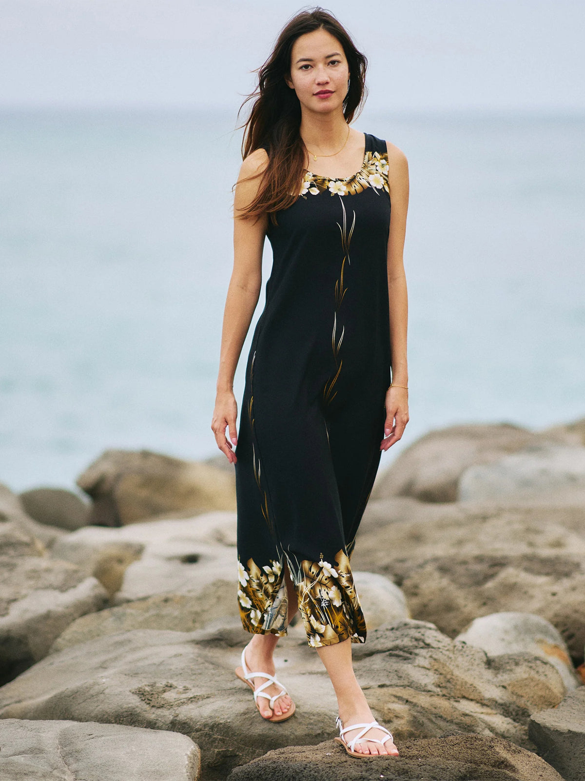 Royal Hawaiian Creations - Tropical Leaves Black Poplin Border Long Dress