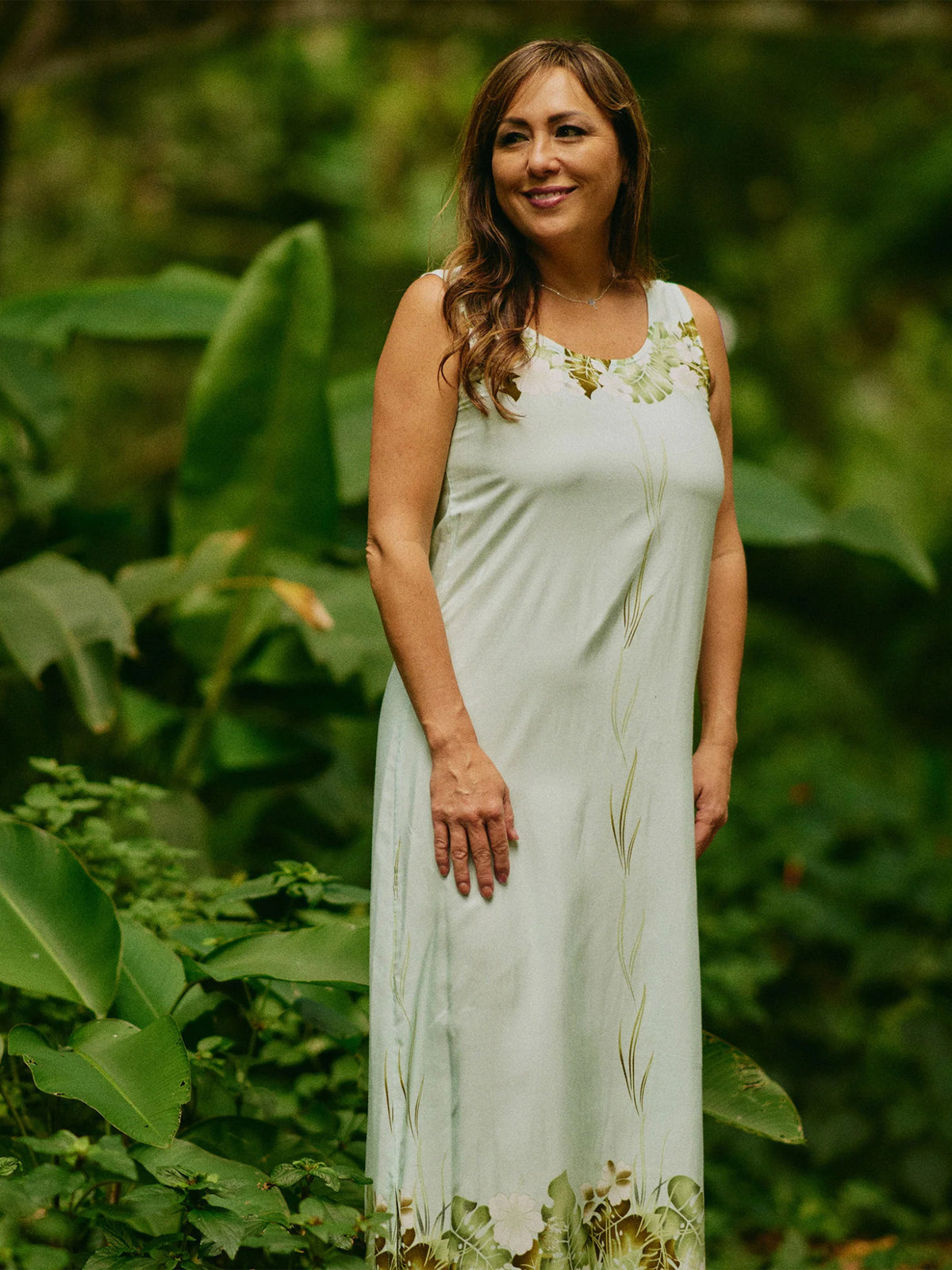 Royal Hawaiian Creations - Tropical Leaves White Poplin Border Long Dress
