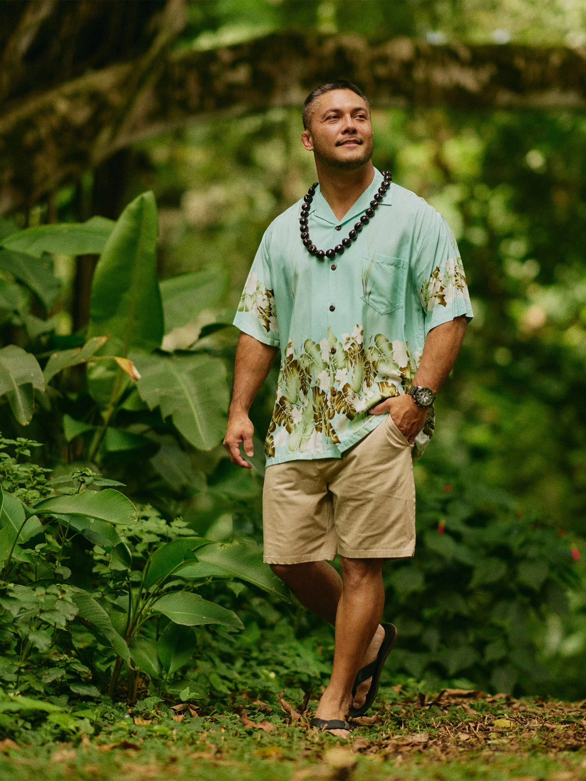 Royal Hawaiian Creations - Tropical Leaves Mint Poplin Border Rayon Men's Hawaiian Shirt