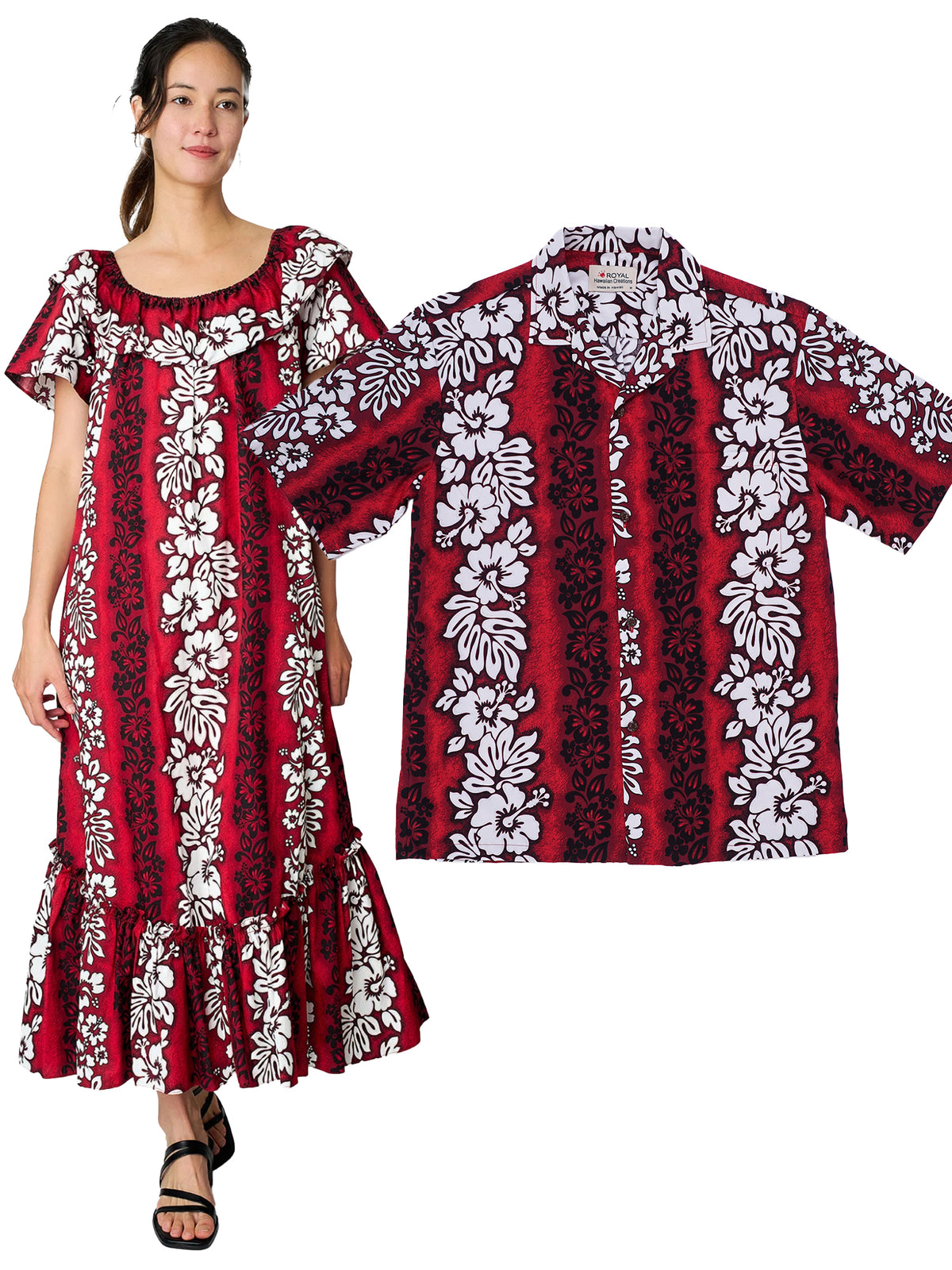 Hawaiian Muumuu & Aloha Shirt Couple Matching Set - Hibiscus Panel Red