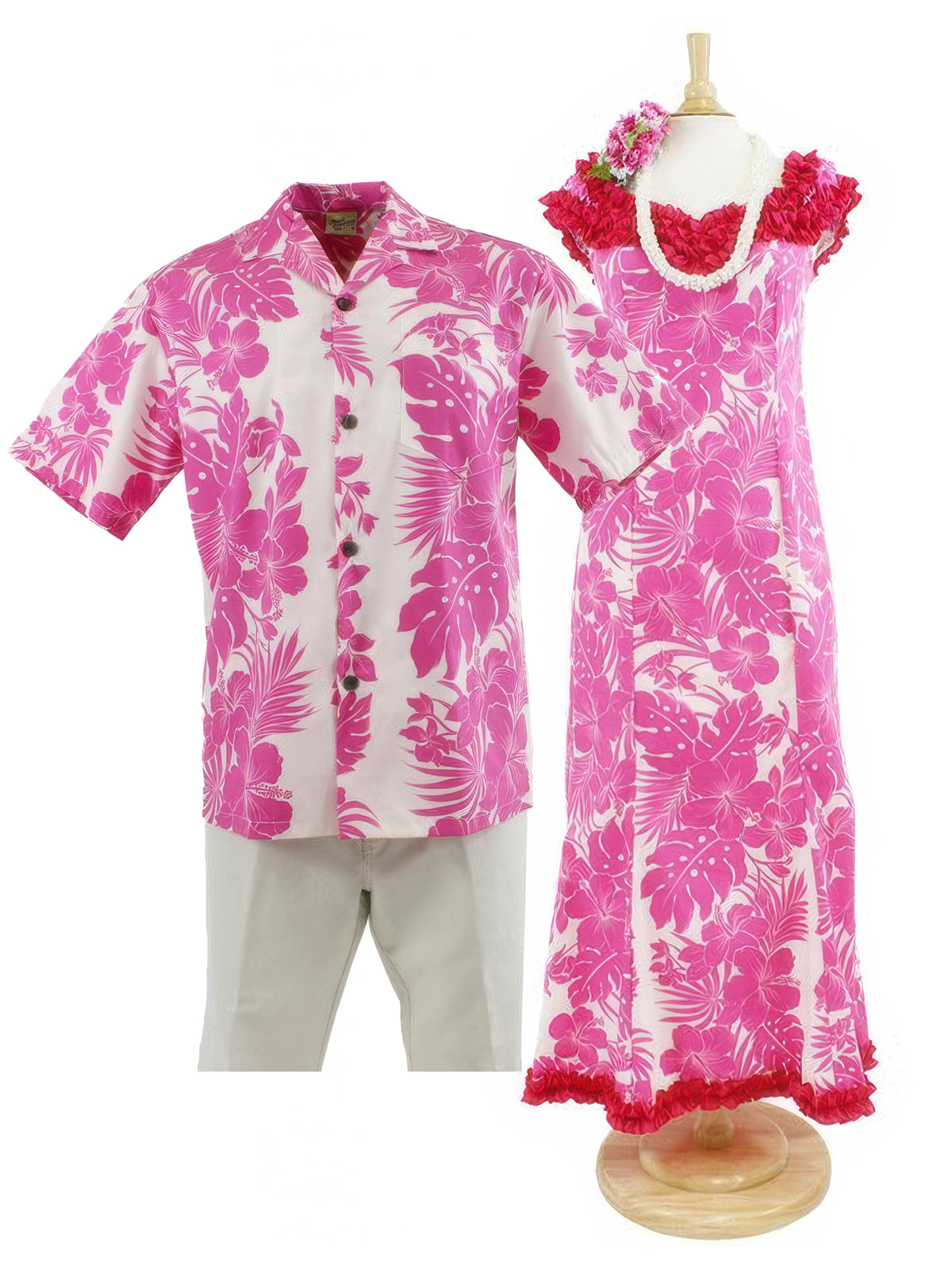 Hawaiian Dress and Shirt Couple Matching Bundle - Hibiscus Panel Pink