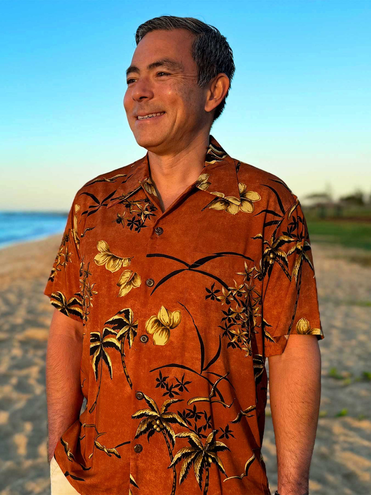 Paradise Found - Retro Oasis Palms Rust Rayon Men's Hawaiian Shirt