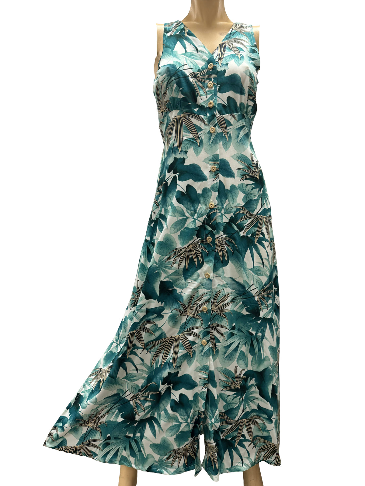 Paradise Found - Shadow Garden Green Rayon Hawaiian Long Dress
