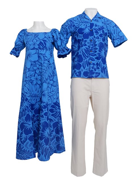 Hawaiian Dress and Shirt Couple Matching Bundle - Gradation Medley Navy