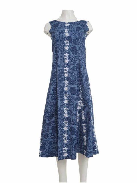 Royal Hawaiian Creations - Royal Hawaiian Creations Honu&Palm Blue Cotton Hawaiian Sleeveless Sylvia Long Dress