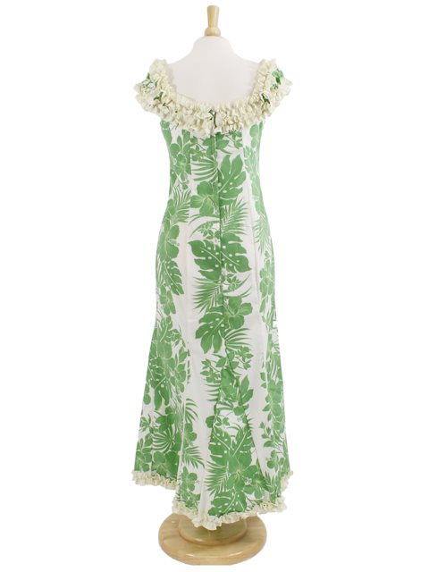 Green and white floral dress on a mannequin against a plain background