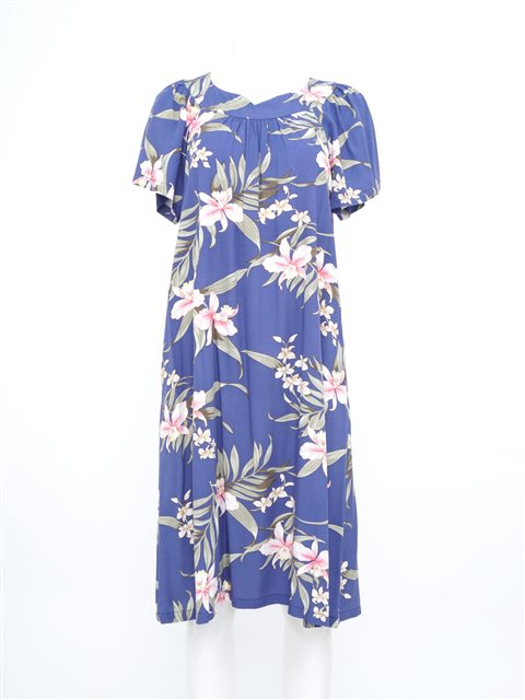 Two Palms - Pali Orchid Blue Rayon Hawaiian Midi Muumuu Dress