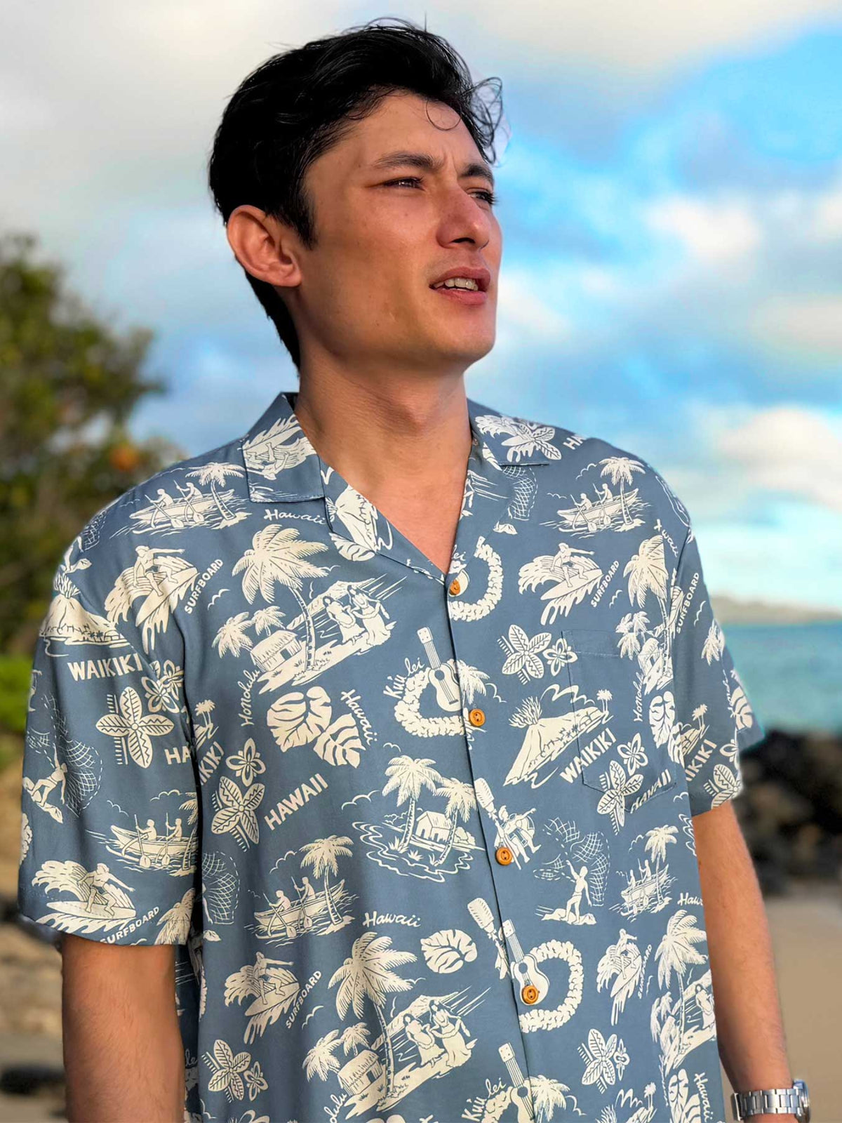 Paradise Found - Aloha Nostalgia Bay Blue Rayon Men's Hawaiian Shirt