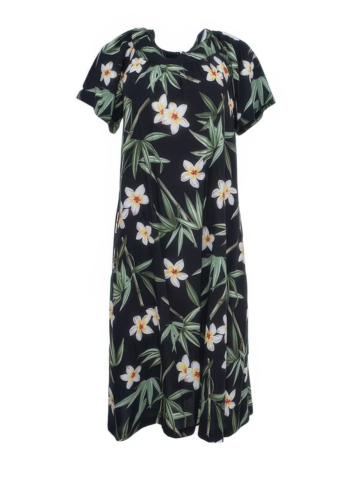 Two Palms - Bamboo Black Rayon Hawaiian Midi Muumuu Dress